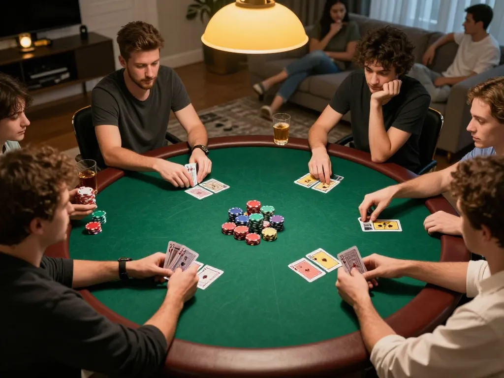 Players engaged in high-stakes poker night at home, showcasing strategic decisions for soc88 gaming.