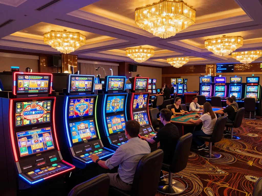 B52CLUB players enjoying vibrant slot machines in an exciting casino gaming area.