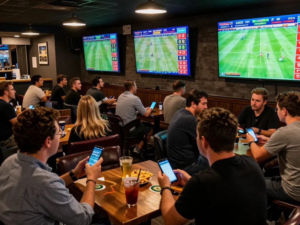 Engaged sports bettors analyzing tỷ lệ kèo nhà cái on screens during live match viewing at a vibrant sports bar.