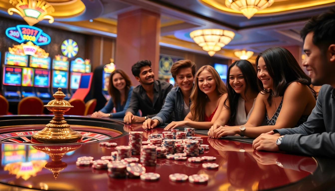 Players enjoying a thrilling game at MM88 casino with vibrant slot machines and roulette tables.