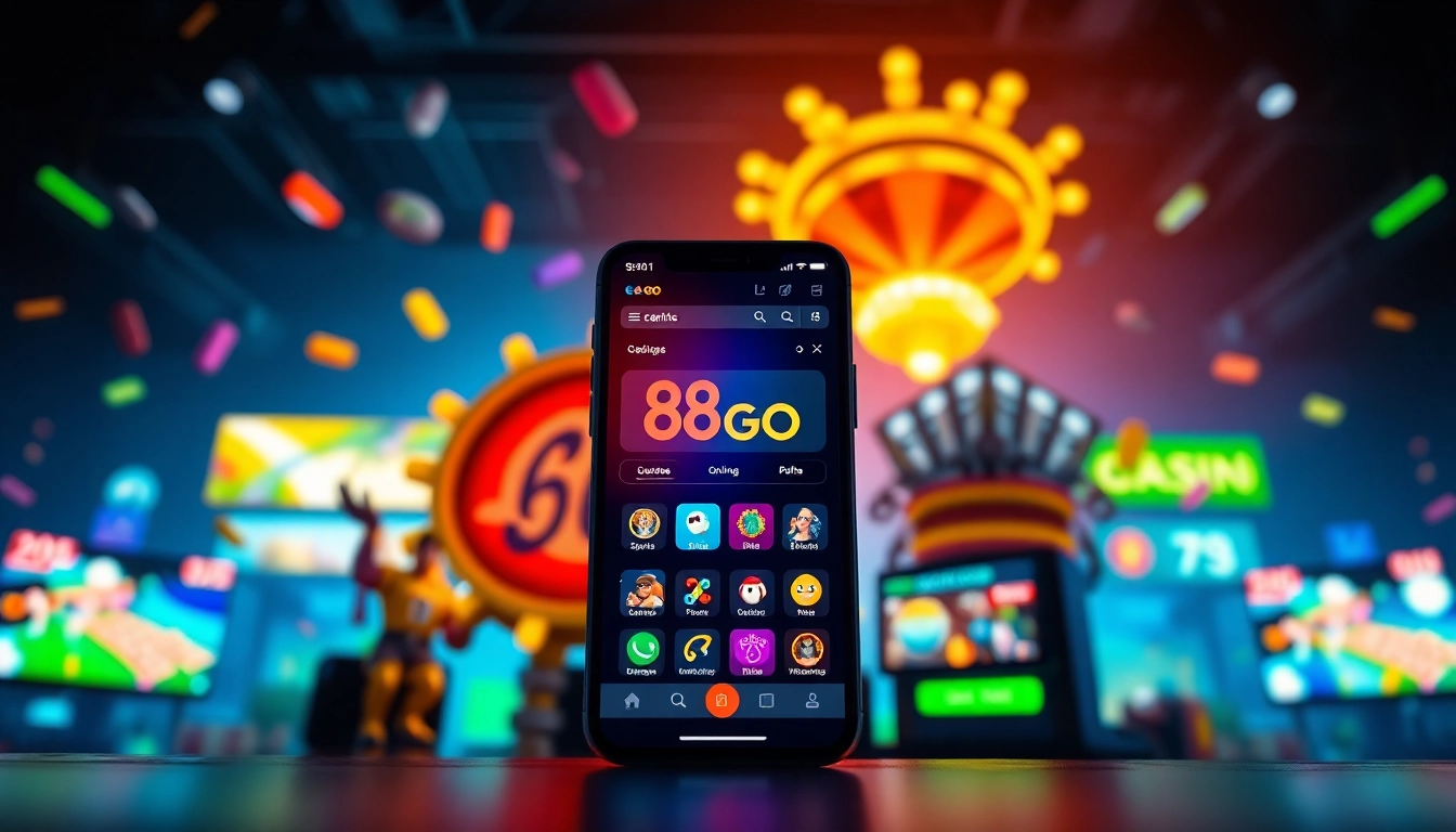 Download the 88GO app interface on a vibrant gaming backdrop showcasing its features.
