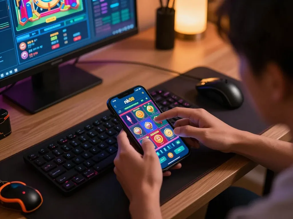 Player engaging with nk88 mobile app for thrilling casino action at home