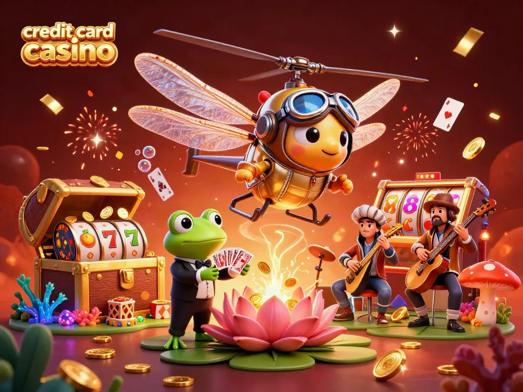 Engage with the vibrant scene of a credit card casino featuring a helicopter pilot dragonfly and a frog croupier as players enjoy dynamic gameplay.