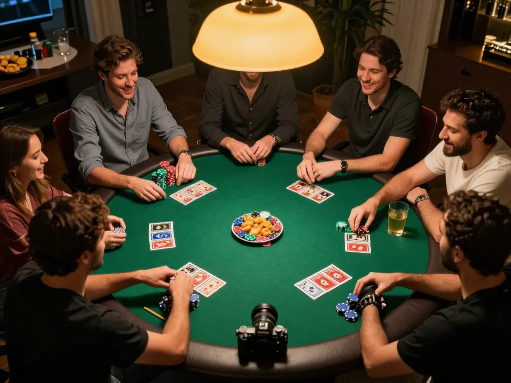 Friends enjoying a poker game at home, showcasing rr88 com experience with vibrant chips and community cards