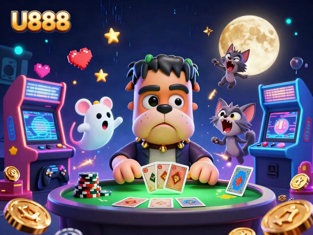 Join the fun at U888 with a 3D cartoon scene of a casino adventure.