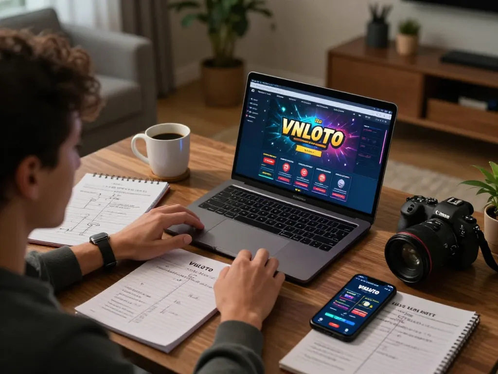 Engaged player using VNLOTO online gaming platform on a laptop, highlighting strategic betting in a cozy home environment.