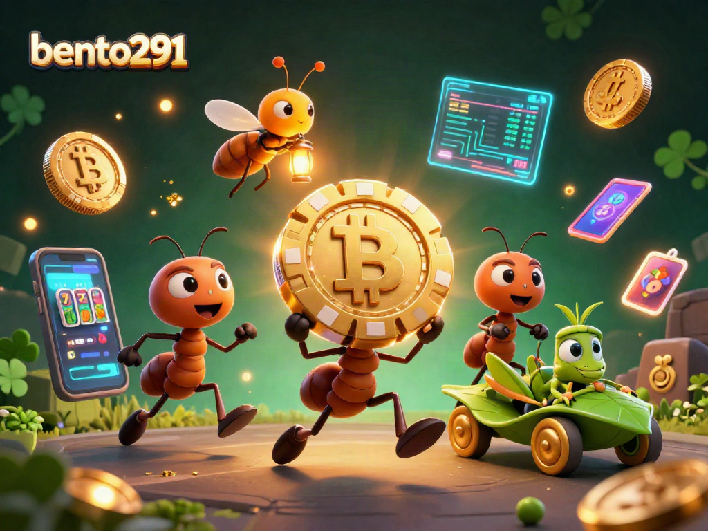 Bento291's exciting slot heist with ants, poker chip, Bitcoin coins, and vibrant background.