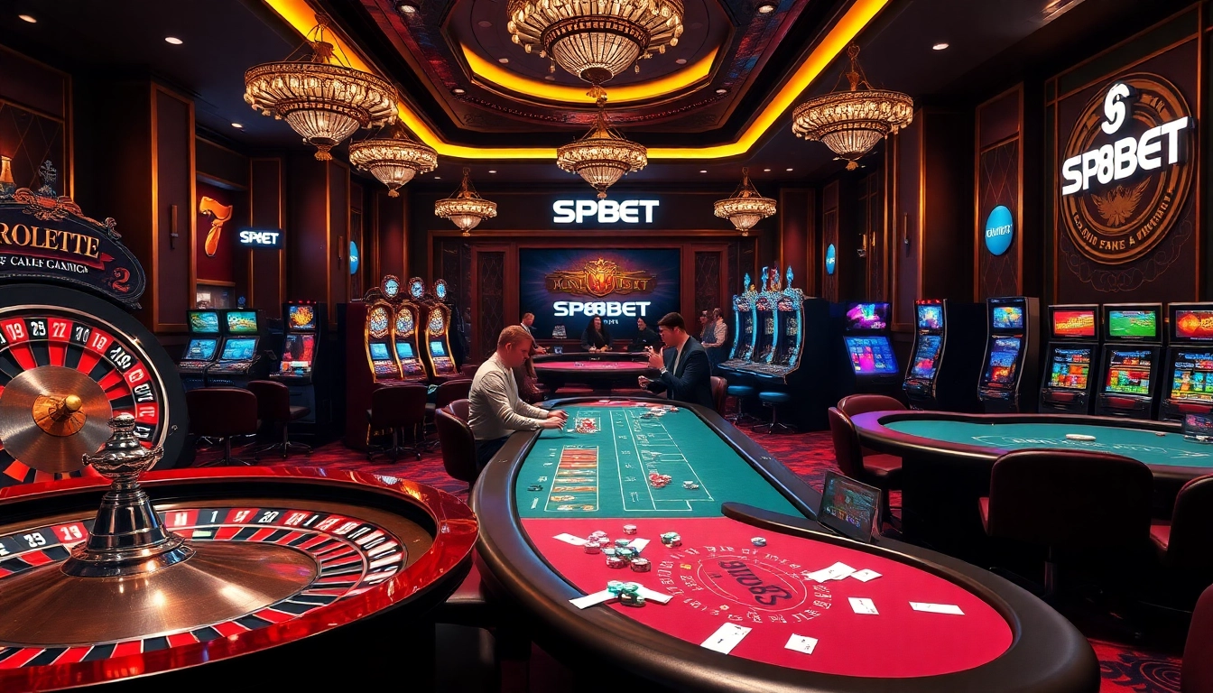 Experience thrilling gameplay at SP8BET with vibrant casino tables and a luxurious atmosphere.