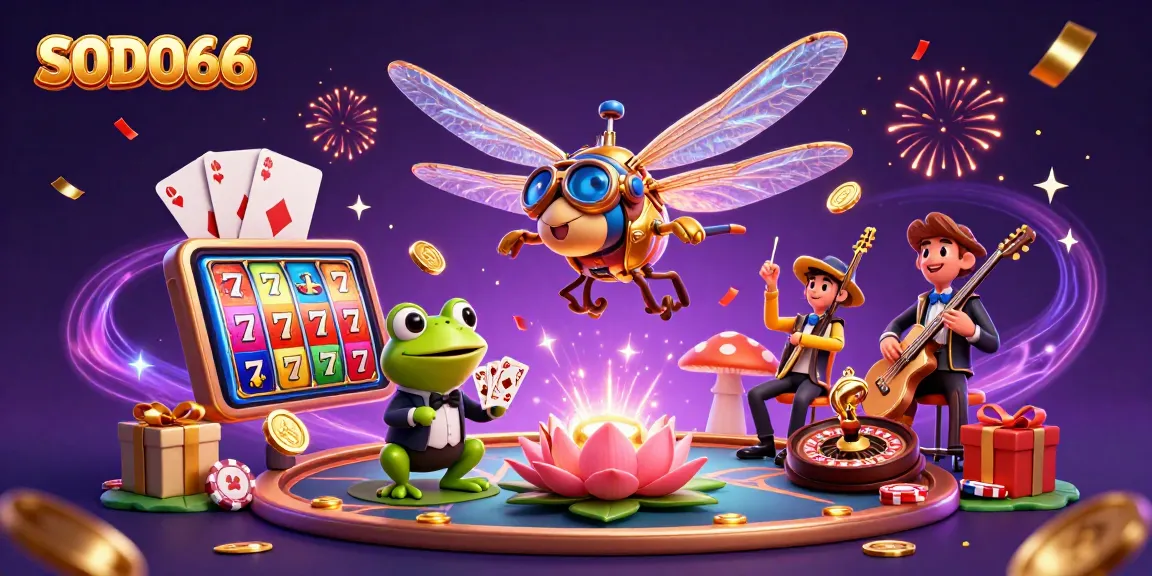 SODO66 players enjoying thrilling slot games with dragonfly pilot and frog dealer in a vibrant casino scene