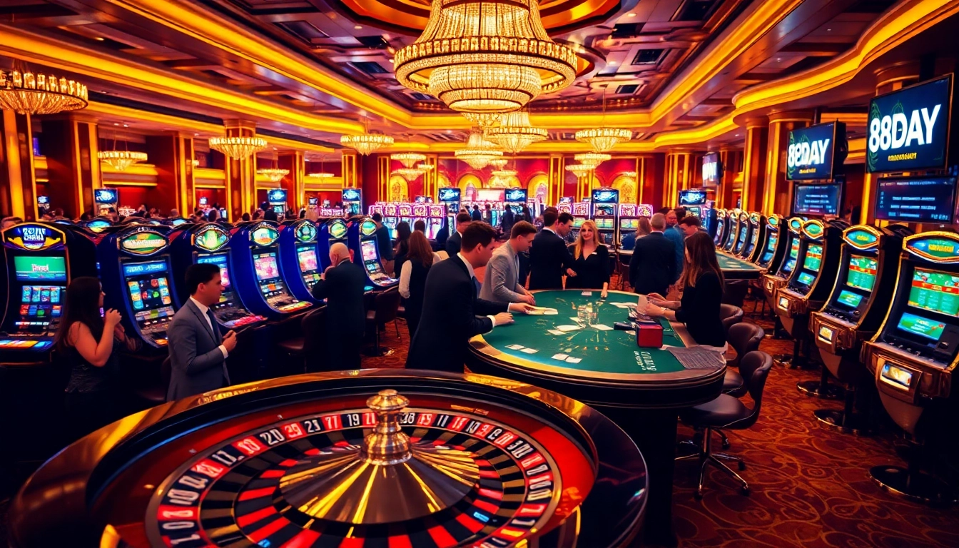 8DAY casino experience featuring vibrant gaming, roulette, and enthusiastic players.