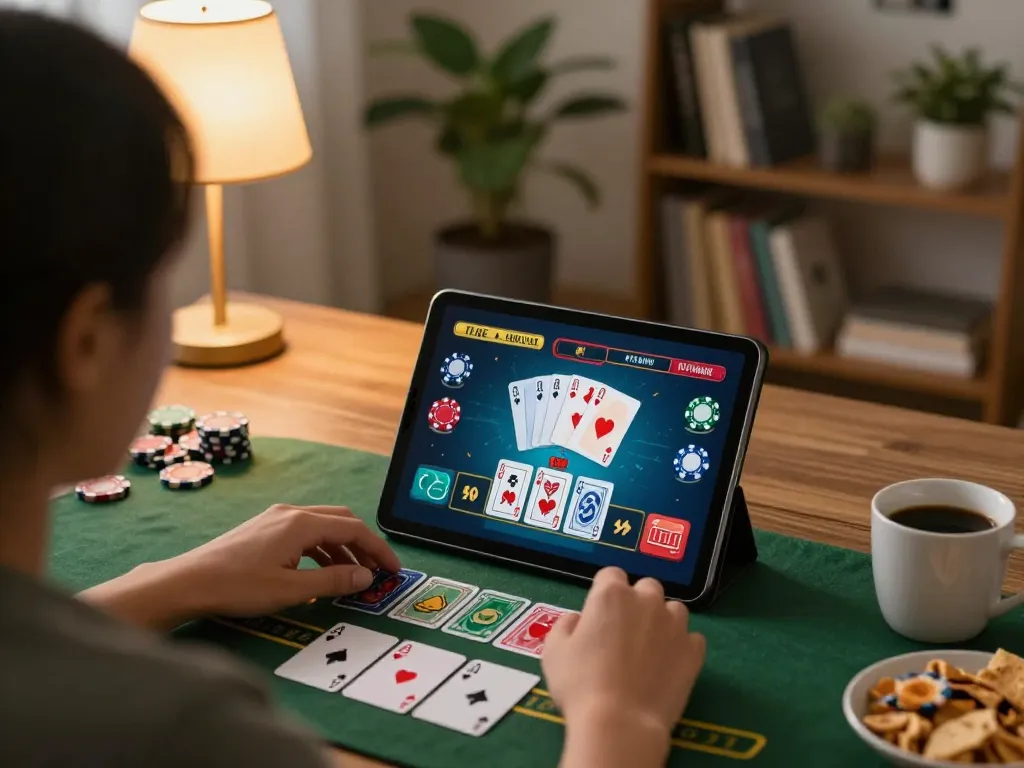 Engaging with mb66 blackjack gameplay on a tablet in a cozy home setting, showcasing strategic online gambling.