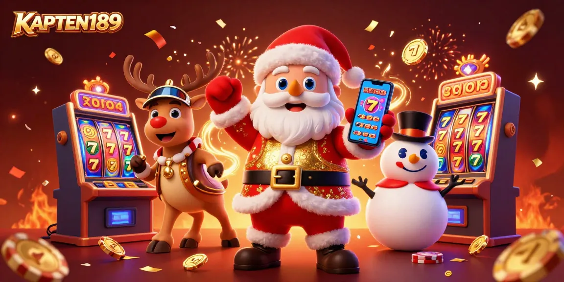KAPTEN189 menjadikan pengalaman bermain slot yang menyenangkan dengan ilustrasi Santa Claus dan teman-temannya di kasino.