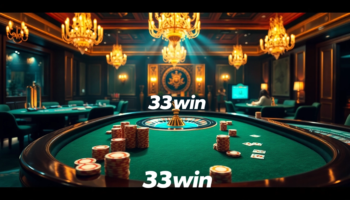 Players strategize their moves at a vibrant casino table, representing the exciting world of 33win gambling.