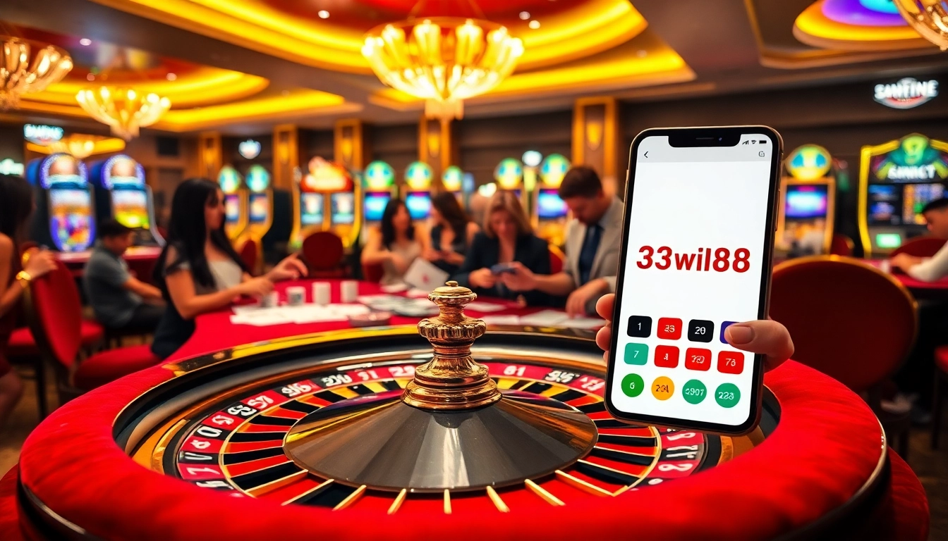 Exciting casino scene showcasing 33win68 with players at roulette tables and slot machines.