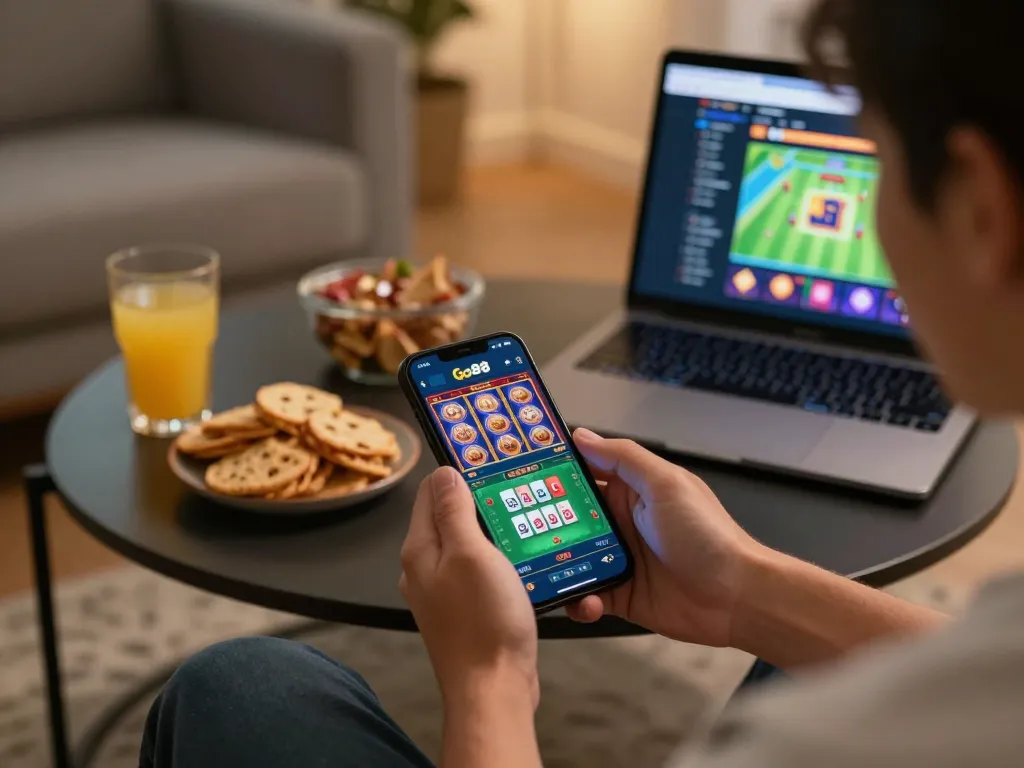 Player enjoying Go88 mobile game with snacks and strategy guides at home