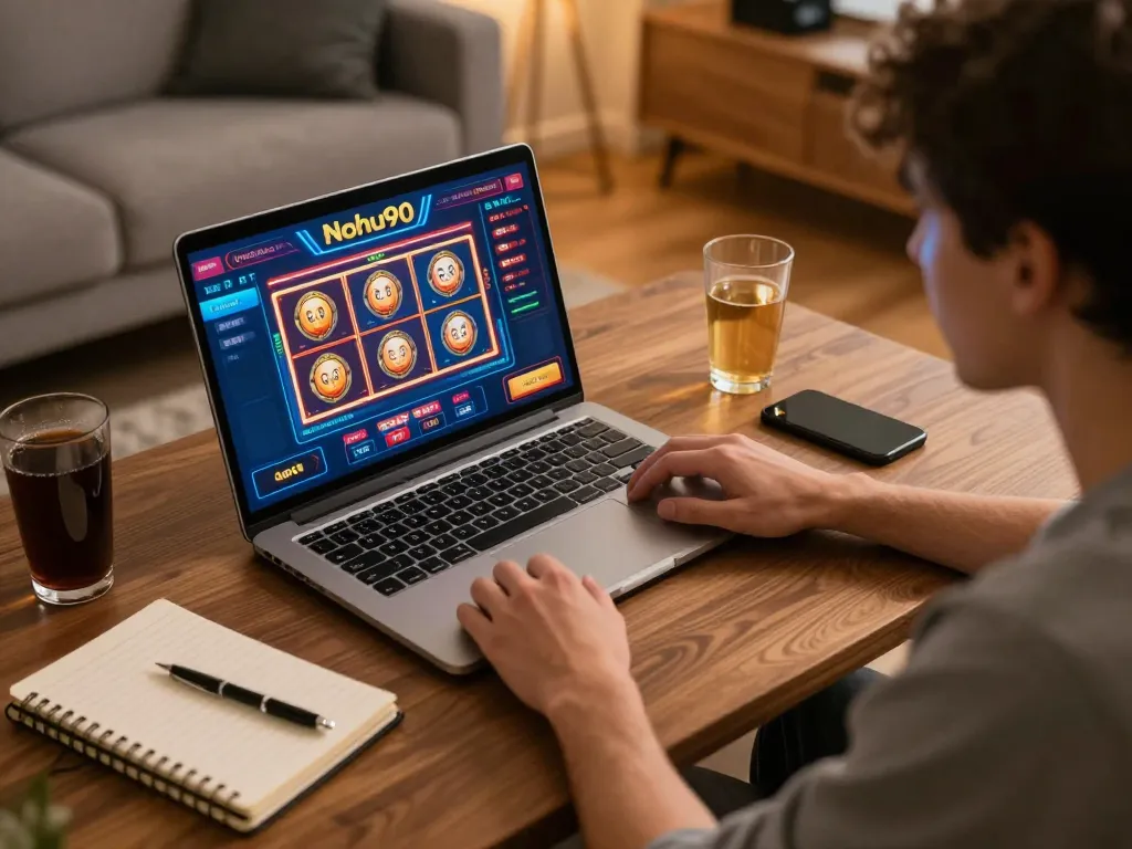 Nohu90 online gaming experience with player immersed in slot games and live dealers.