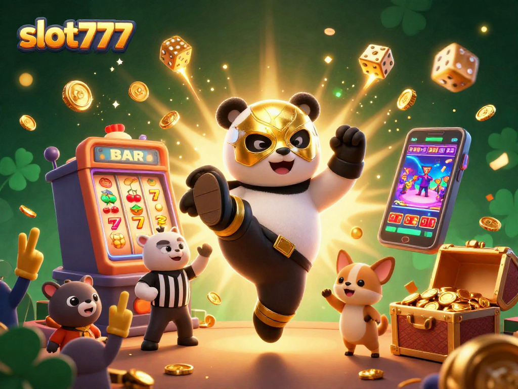 Experience thrilling wins with slot777 as the panda wrestler leaps into action, surrounded by vibrant casino elements.