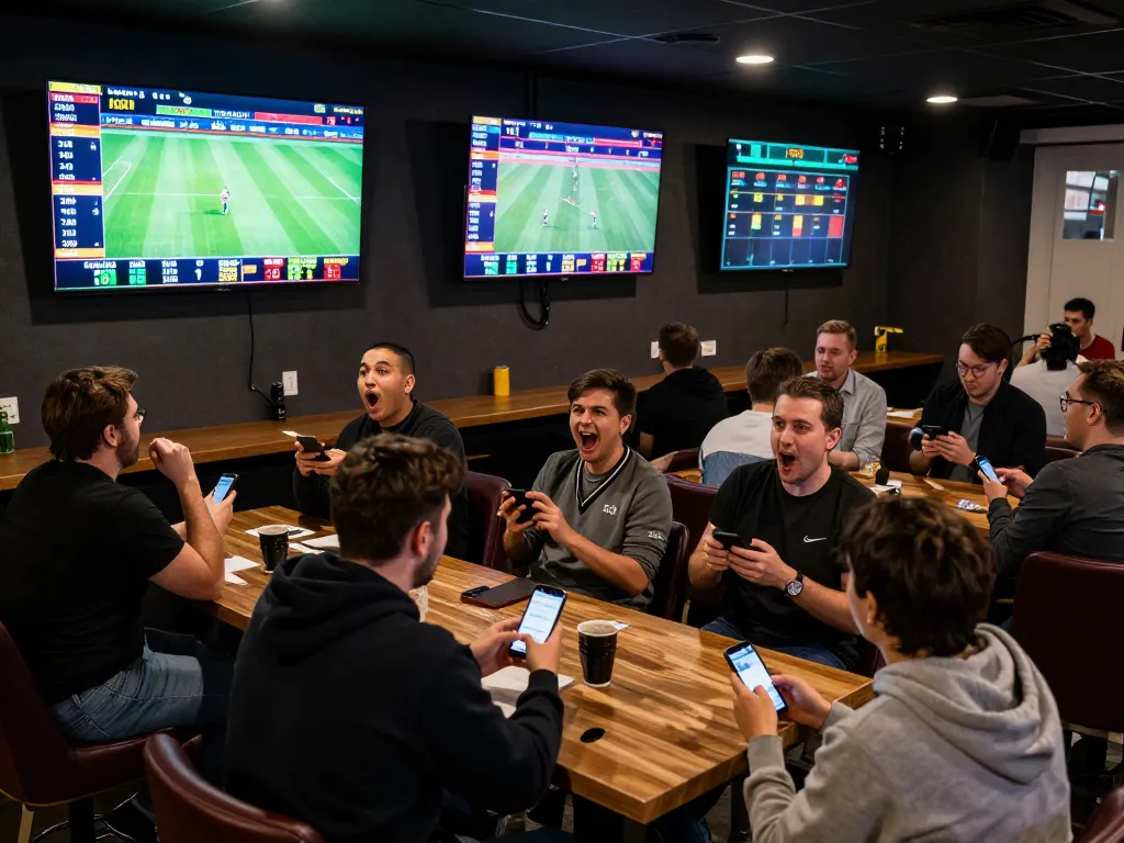 Bongdalu sports fans engaged in live betting event with vibrant atmosphere and dynamic screens