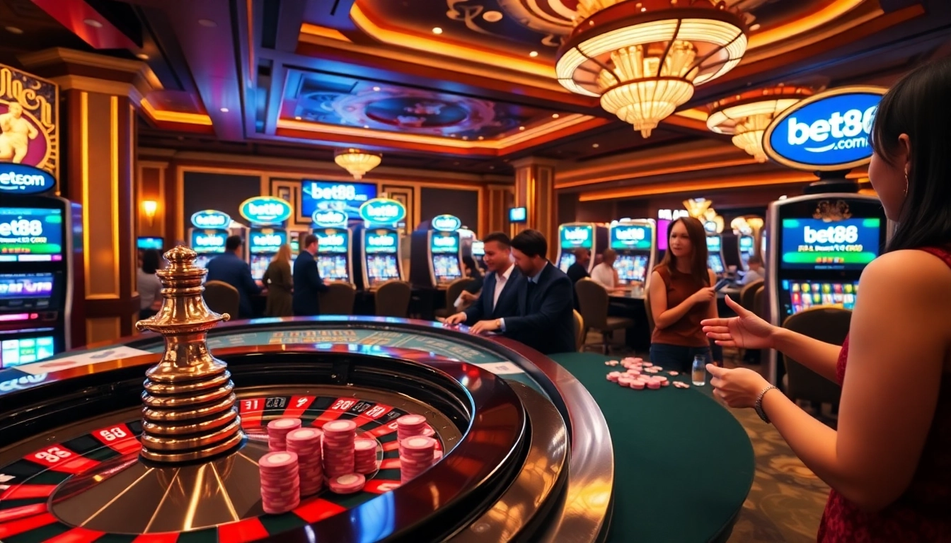 Engaging casino scene with players betting at bet88.com table, showcasing excitement and luxury.
