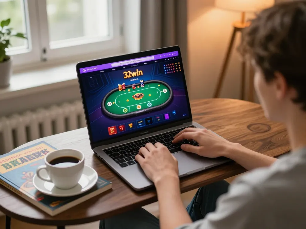 Engaged player on 32win gaming platform, enjoying an online poker game in a cozy setting.