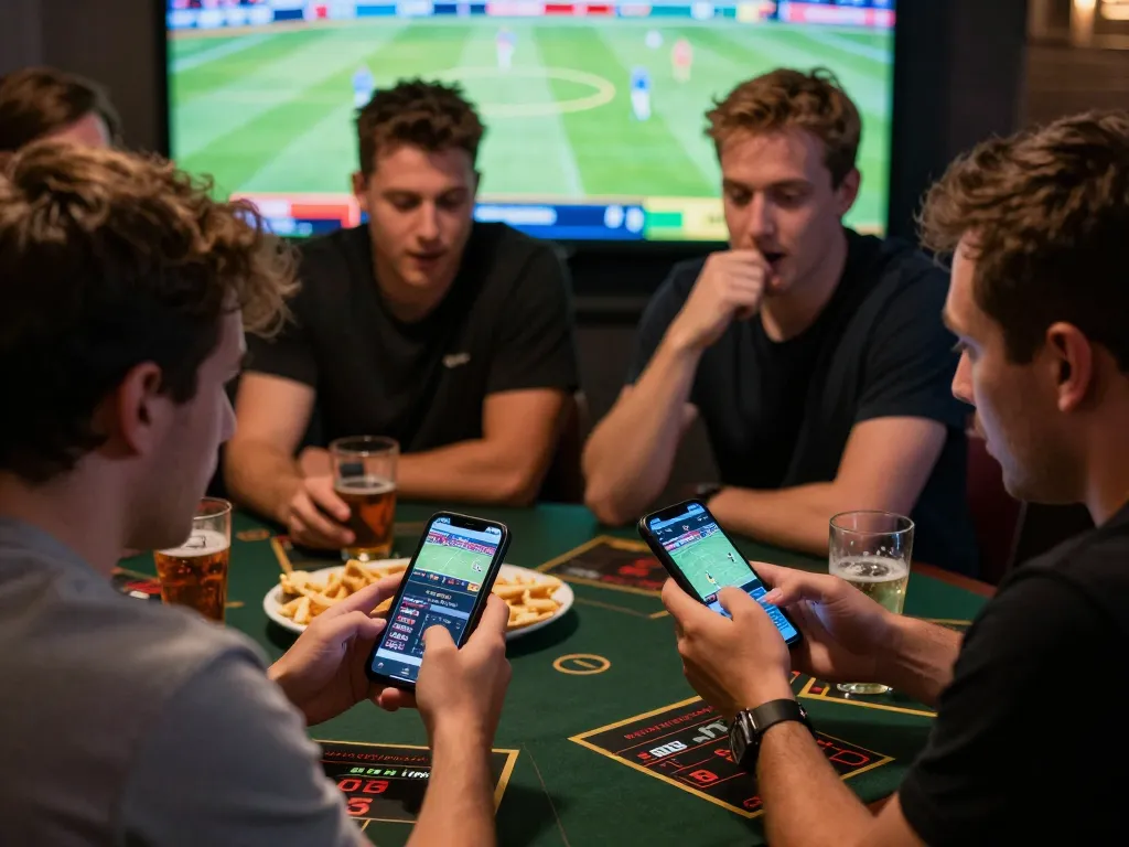 Engaged friends strategizing sports betting on xocdiavn app during live event