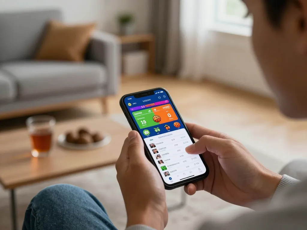 Engaged player using Fun88 app for live sports betting in a cozy home setting