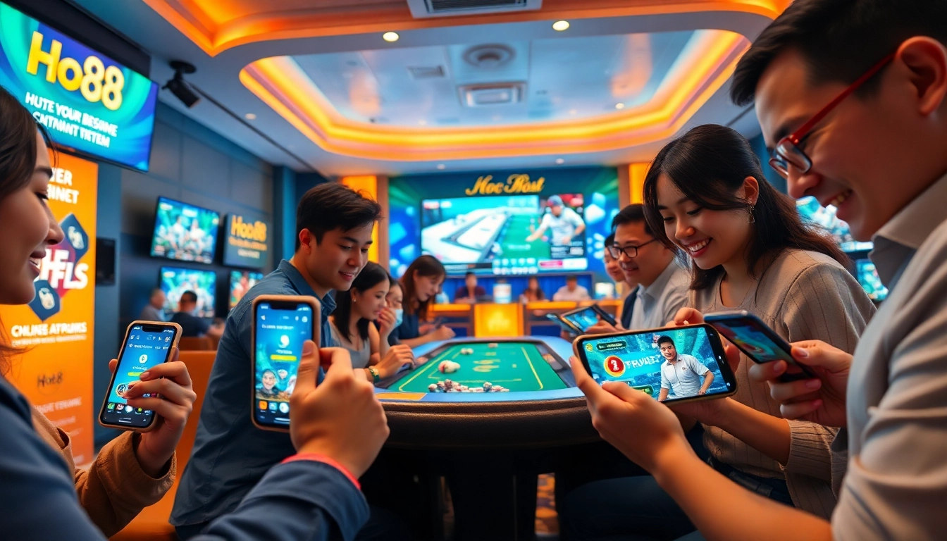 Engaging scene depicting Ho88's vibrant online betting community in Vietnam, featuring users interacting with the app.