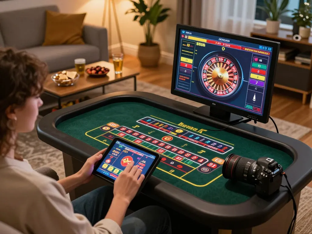 VK88 players enjoying live dealer roulette on tablet in cozy home setting