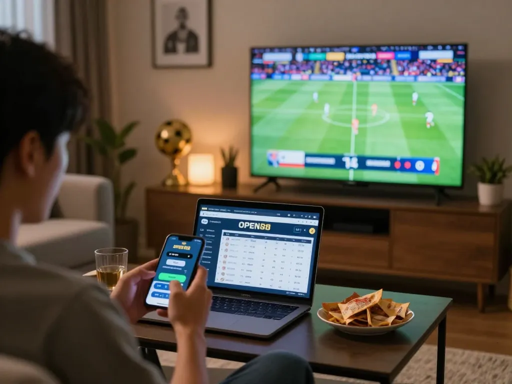 Experience live betting on open88 with a smartphone in a cozy sports setup, focused on exciting sports events.
