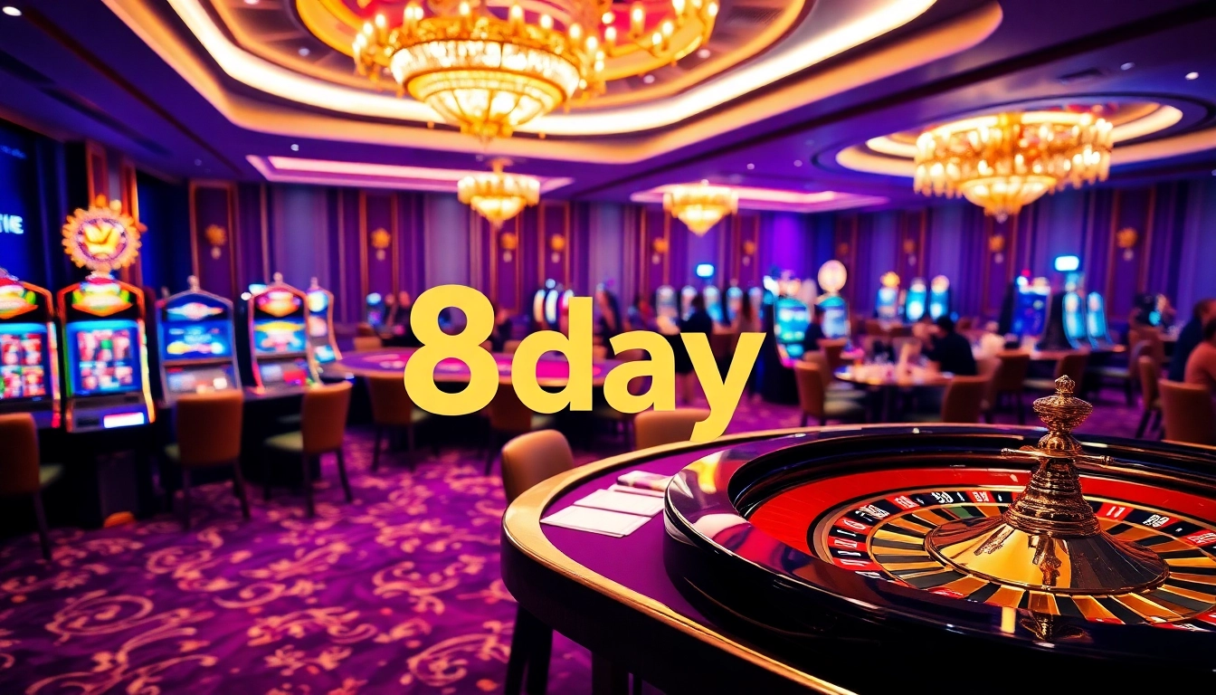 Experience the thrill of 8day with vibrant casino visuals featuring poker tables and slot machines.