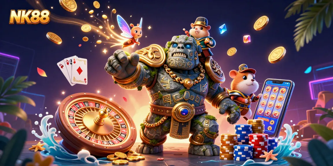 Experience the excitement of NK88 with dynamic characters and casino-themed elements, perfect for gamers.