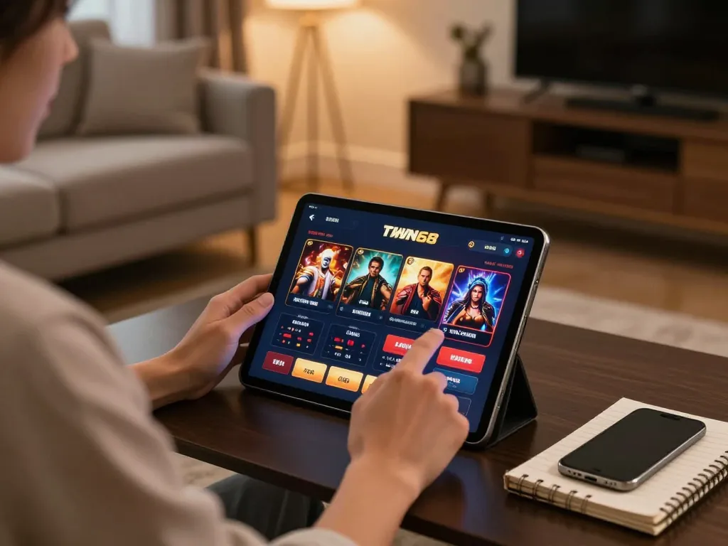TWIN68 player engaging in strategic gameplay on a stylish tablet in a modern home setting.