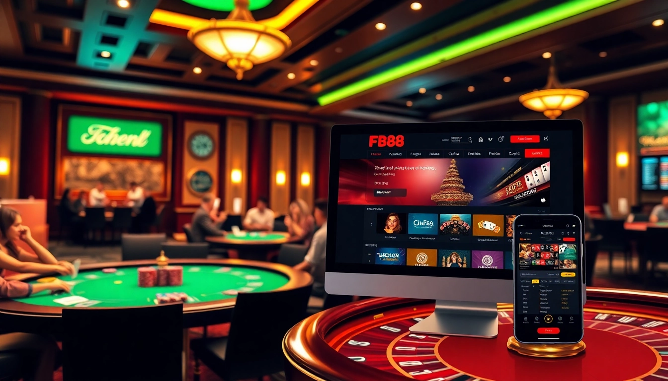 Players enjoying games on https://fb88.report/, showcasing a lively casino atmosphere with colorful poker chips.