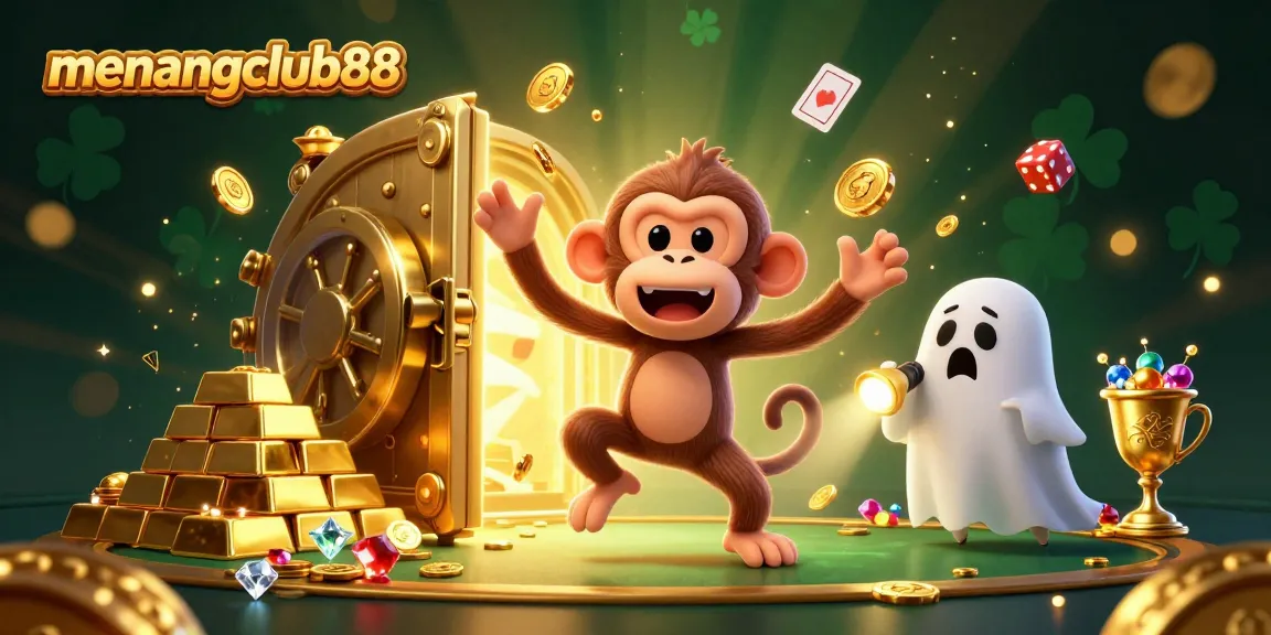 Experience the magic of menangclub88 with a poltergeist monkey juggling golden treasures in a haunted casino.