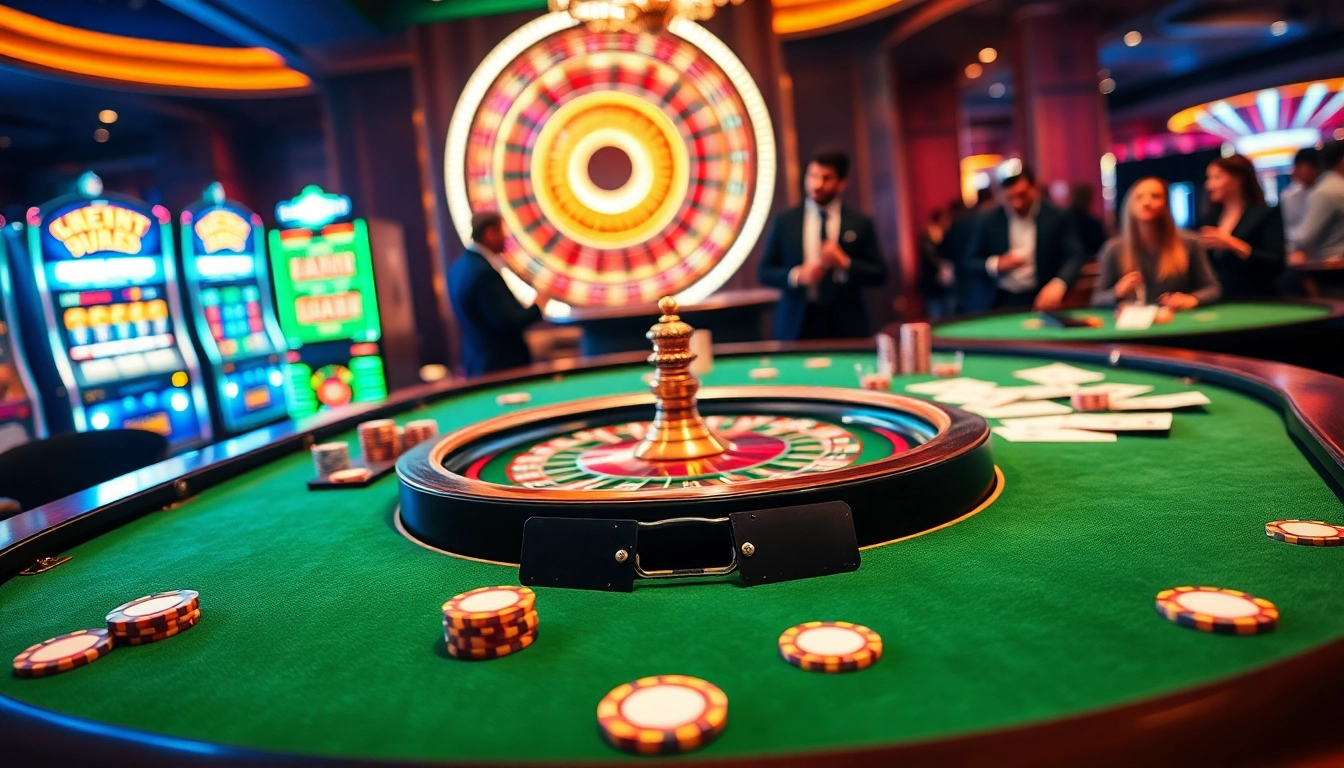 Experience the luxury of BET88 with an elegant casino scene featuring vibrant gaming tables and exciting slot machines.