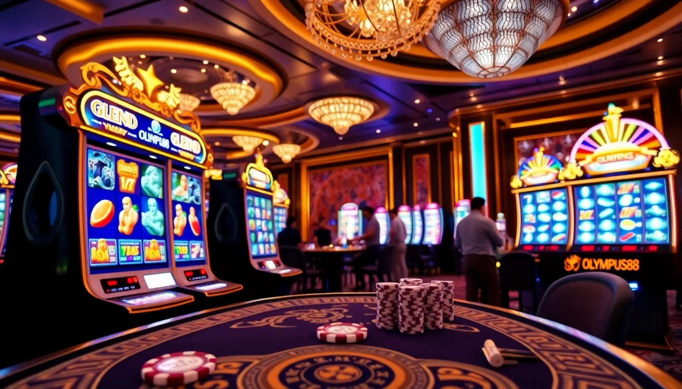Engage with OLYMPUS88 at a luxurious casino setting, featuring vibrant slot machines and poker tables.