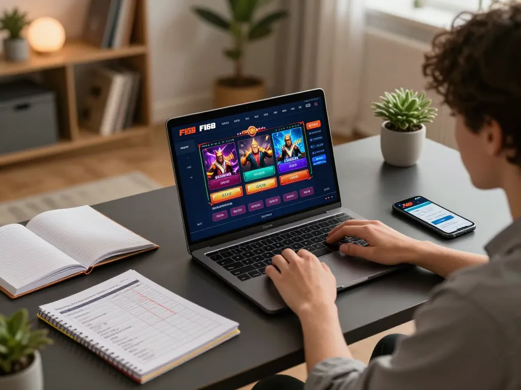 Player engaging with F168's online casino platform on a modern laptop, showcasing a strategic gaming environment.