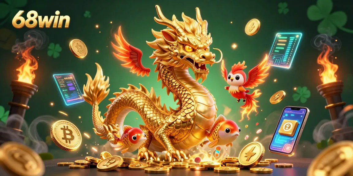 Experience thrilling gameplay at 68win with a dynamic dragon, phoenix, and koi fish illustration.
