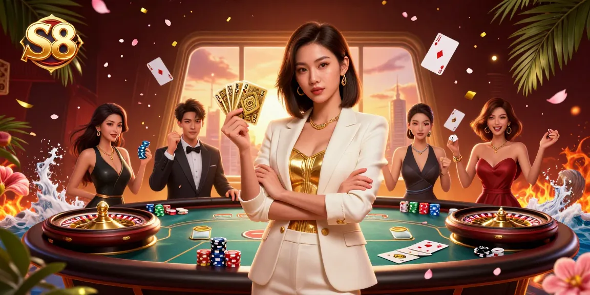 S8 casino gaming illustration showcasing a powerful businesswoman amidst poker chips and playing cards.