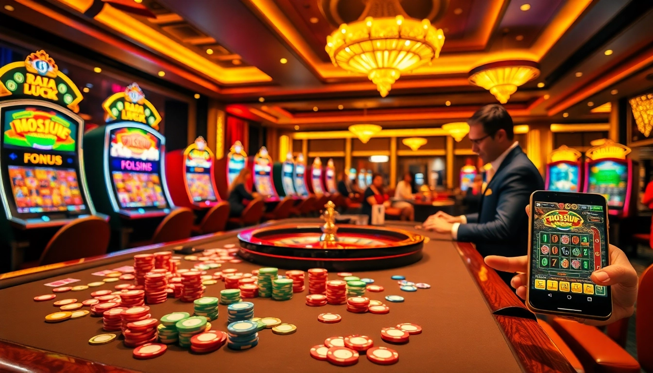 Raja luck players celebrating a win at a luxurious casino table filled with vibrant gaming elements.