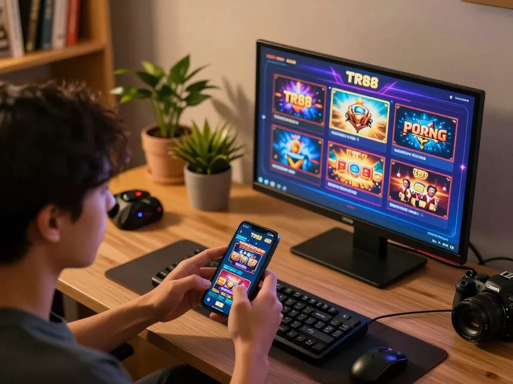 Engaging in online gaming with the TR88 app on smartphone in a cozy environment