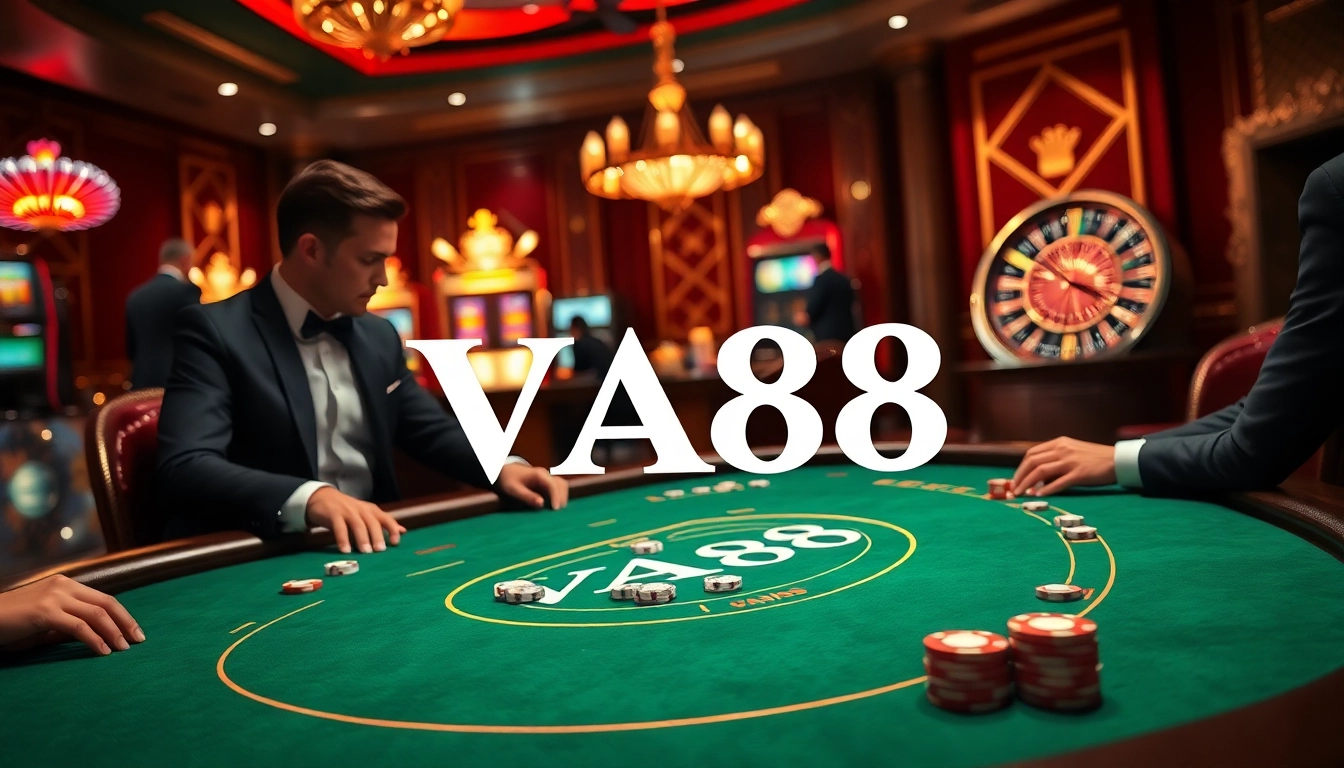 Players enjoying poker at VA88 casino with luxurious table and vibrant atmosphere