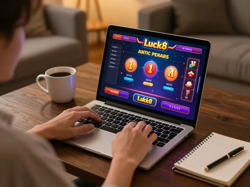 Engaging in online gaming at Luck8 with a vibrant casino interface visible on the laptop.