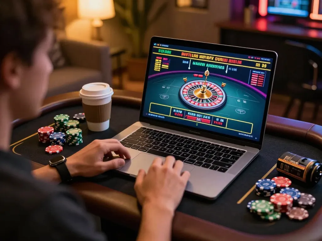 Engaged player experiencing loto188 live dealer games on laptop, highlighting immersive online gambling.