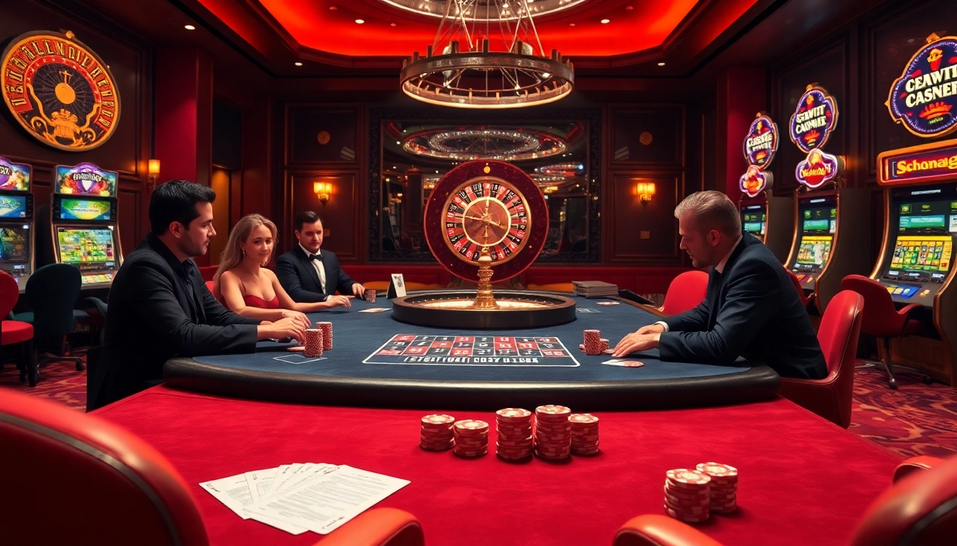 SODO casino excitement with players at a poker table and a roulette wheel in a luxurious setting.