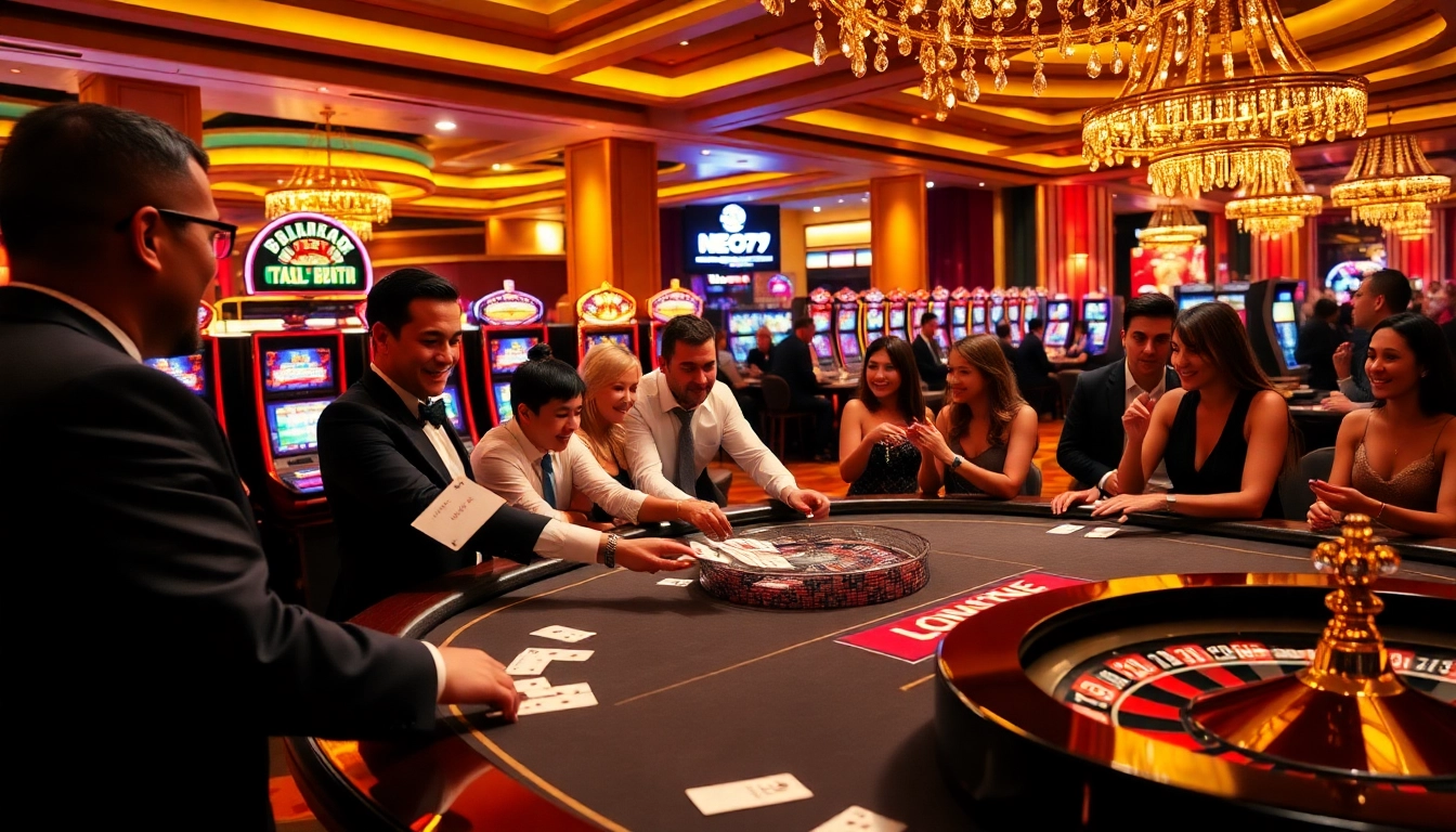 NEO79 casino scene with players at a vibrant roulette table and engaging dealers.