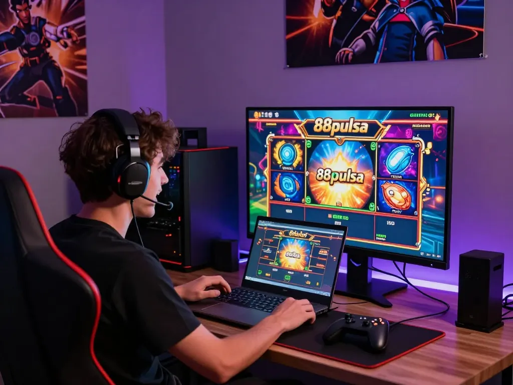 Player enjoying 88pulsa online slot game in modern gaming setup, dynamic atmosphere with vibrant graphics.