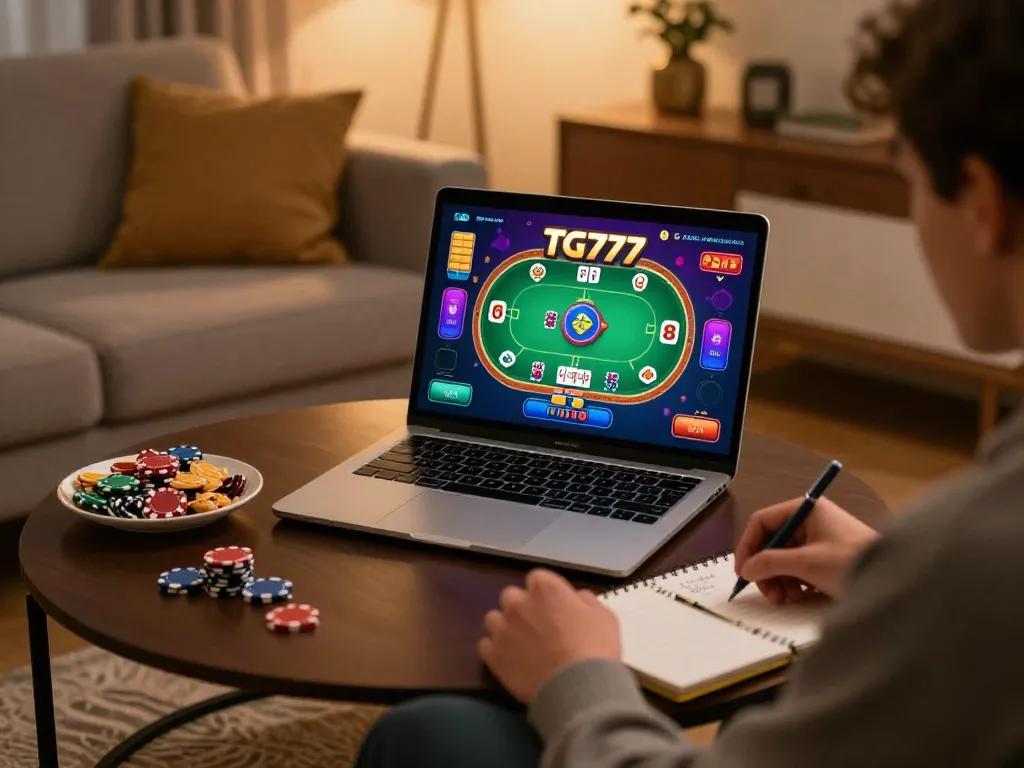 TG777 player strategizing during an online poker game in a cozy home ambiance, showcasing laptop and notes.