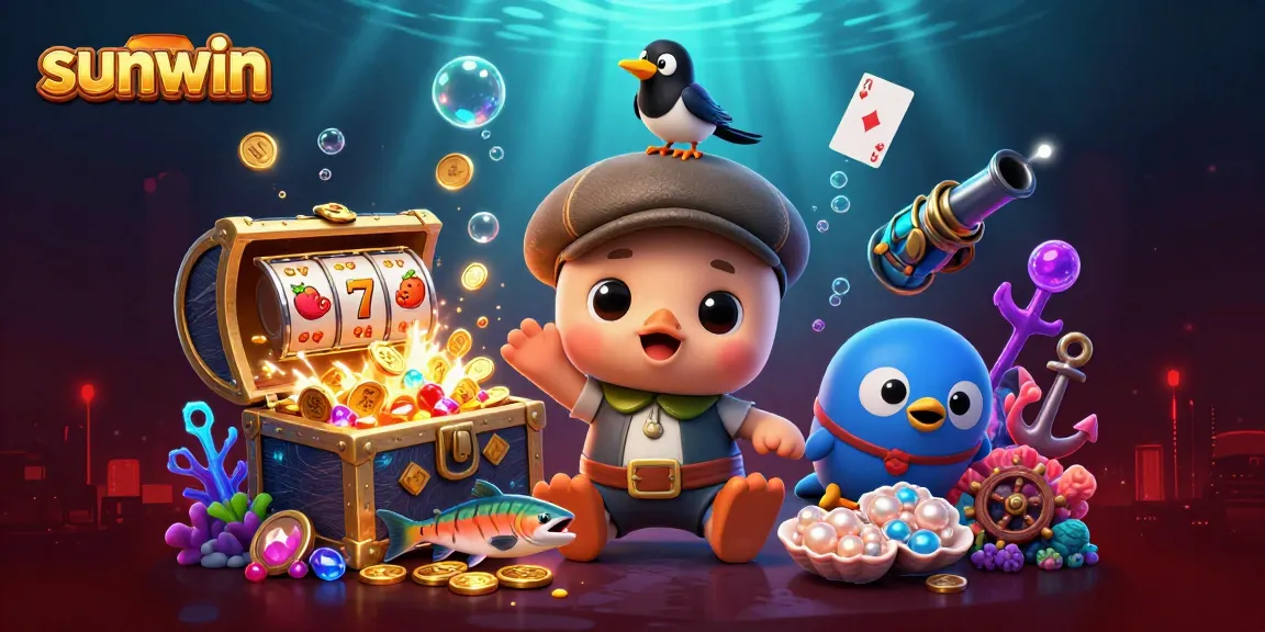 Experience sunwin excitement with playful Nessie surrounded by colorful slot reels and treasure.