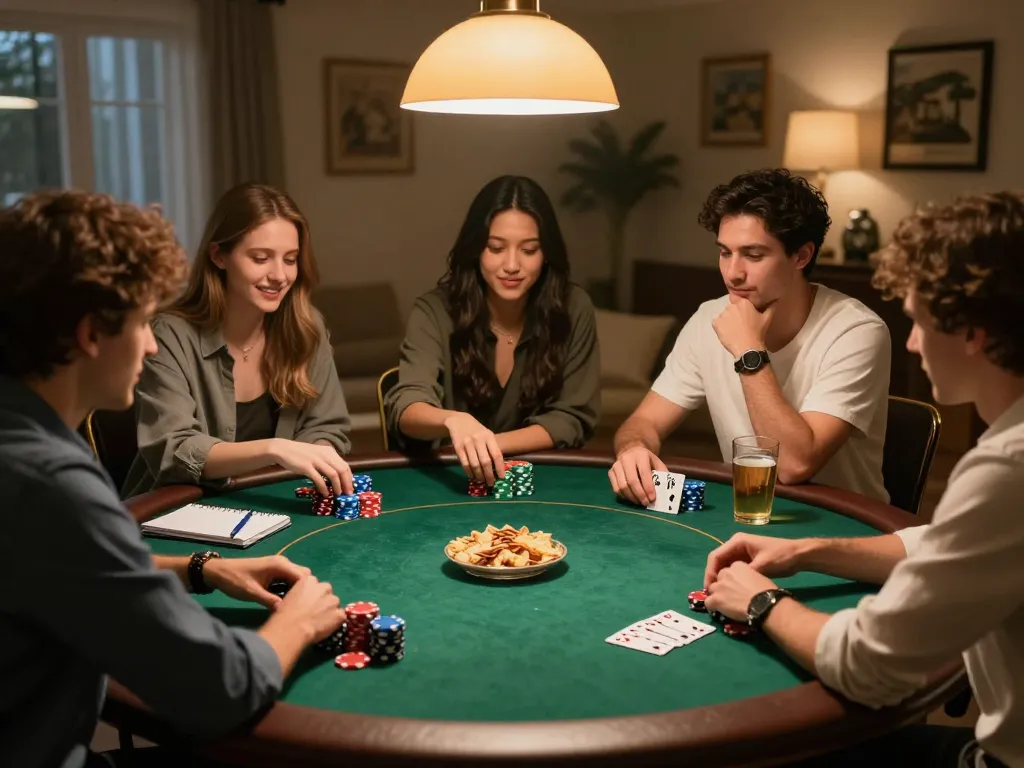 G28 poker night scene with friends enjoying a lively game, strategic environment and cozy atmosphere.